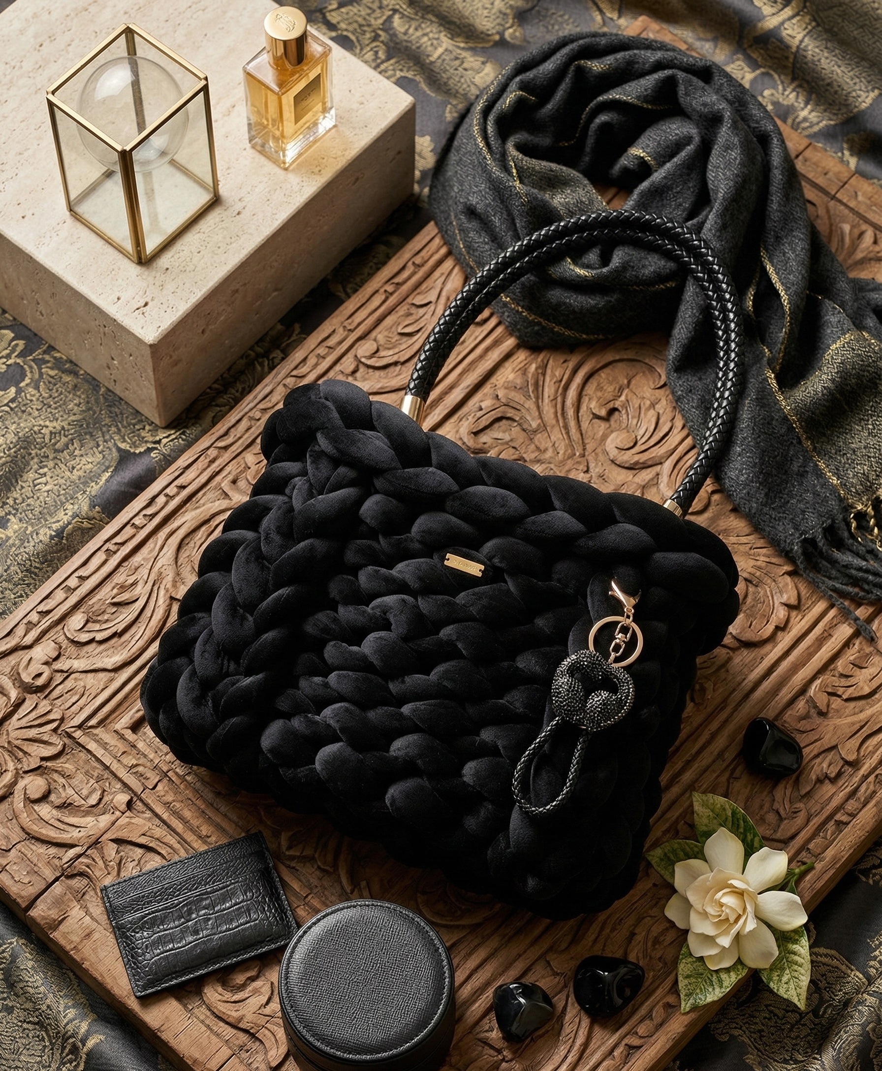 ##Il Dubai – Borsa Scultorea Velvet Nero & Bordeau##